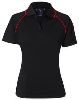 A black ladies' polo shirt with red accent stitching and a collar, featuring a logo on the front.