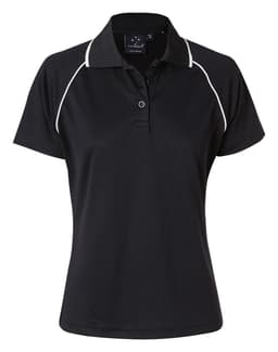 A black polo shirt featuring white piping, short sleeves, and a collar. It has a logo on the chest area.