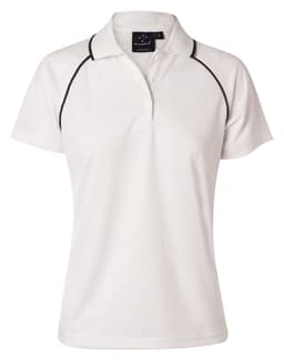 A white ladies' polo shirt with black accents, featuring a collar and a brand logo.