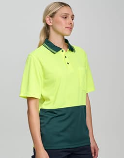 A bright yellow and green short-sleeve polo shirt with a collar and a logo, designed for workwear.
