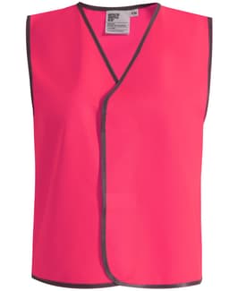 A pink safety vest with contrasting trim, designed for visibility and safety wear. Features a simple, sleeveless design.