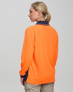 A long-sleeve safety polo in high-visibility orange with navy detailing, featuring a logo.