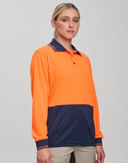 A long-sleeve polo shirt featuring high visibility orange with navy blue accents, and includes a logo on the chest.