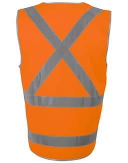 A high-visibility orange safety vest with reflective grey stripes crossing on the back and a tail. Features a logo.