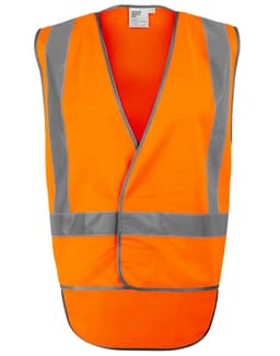 An orange safety vest featuring reflective stripes and a back tail design. It has a logo on it.