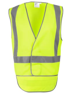 A high-visibility yellow safety vest with reflective grey stripes and a tail design. Features an unbranded logo.