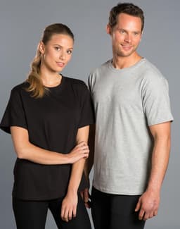 A black unisex cotton tee and a grey unisex cotton tee are worn by a man and a woman. Both tees feature a logo.