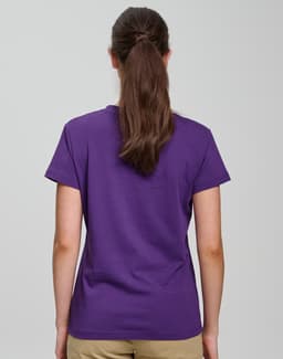A purple semi-fitted women's cotton t-shirt with short sleeves, viewed from the back.