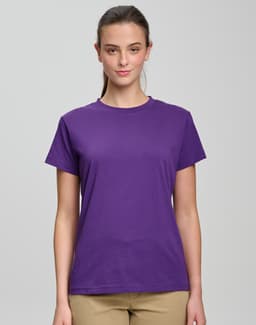 A ladies' semi-fitted tee in purple, featuring short sleeves and a round neckline. Includes a logo.