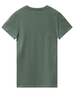 A green ladies' premium cotton tee featuring a simple design and short sleeves, displayed from the back.