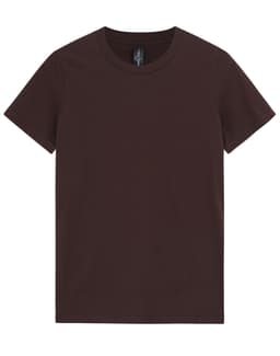 A maroon premium cotton t-shirt with a round neckline and short sleeves, featuring a logo.