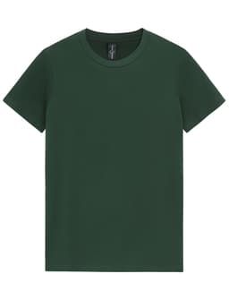 A green premium cotton t-shirt with a round neck and short sleeves, featuring a logo on the inside.
