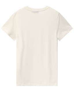 A plain cream women's T-shirt made of premium cotton, featuring a simple design and a logo.