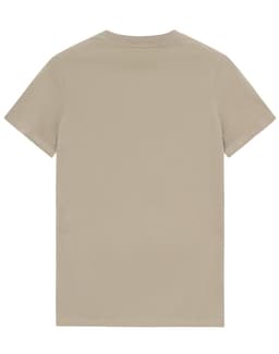 A beige premium cotton t-shirt with a simple design and short sleeves, featuring a logo on the fabric.