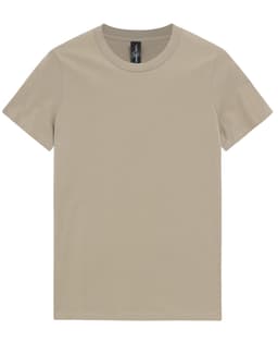 A plain, light beige premium cotton t-shirt with a round neckline and short sleeves. It features a logo label.