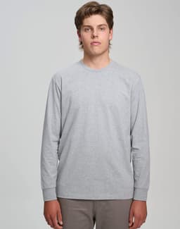 A grey long-sleeve t-shirt made from premium cotton, featuring a plain design and a logo.