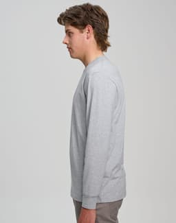 A grey long-sleeve T-shirt displayed on a model from the side, featuring a simple design and a logo.
