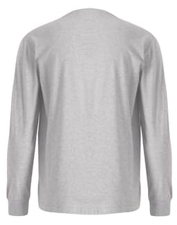 A grey long-sleeve tee shirt made of premium cotton, featuring a simple design with a logo.