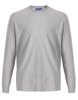 A grey long-sleeve tee shirt made from premium cotton, featuring a crew neck and a logo.