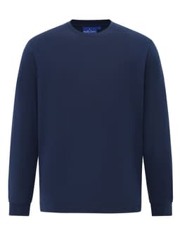 A navy long-sleeved men's cotton t-shirt with a round neckline and a branding label inside.
