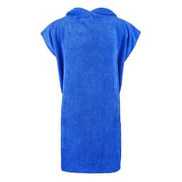A blue hooded towel with short sleeves, designed for easy wearing and drying off. It features a simple, textured fabric.