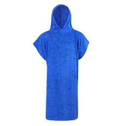 A blue hooded towel poncho with short sleeves, made from soft, absorbent fabric. Features a plain design with no text.