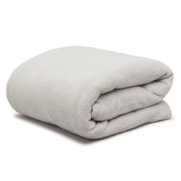 A folded blanket in a soft grey colour, featuring a plush texture and a subtle logo.