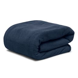 A folded dark navy blanket with a soft, plush texture. It has a simple design and appears cozy.