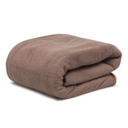 A folded thermal blanket in a warm brown colour, showcasing a soft, plush texture. It features a branding logo.
