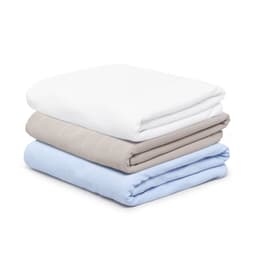 Three folded blankets in white, beige, and light blue stacked neatly. The blankets have a soft texture and branding.