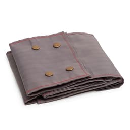 A grey laundry bag with red stitching, folded and secured with three bronze buttons, featuring a simple design.