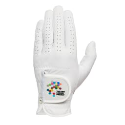 A white golf glove featuring perforations for breathability and a branded patch.