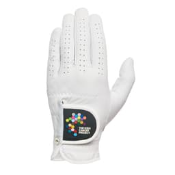 A white golf glove featuring a logo, designed for custom branding. The glove has perforations for breathability.