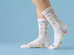 Custom branded cycling socks in white with colourful patterns and a logo, designed for comfort and style.