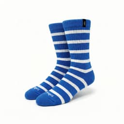 Thick blue and white striped bamboo socks with a logo on the cuff, designed for workwear.