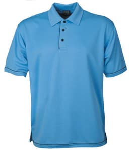 A light blue polo shirt with a collar, buttons, and contrasting piping. It features a logo on the neck.