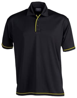 A black polo shirt with yellow piping and a collar. It features a button placket and has a logo on the chest.