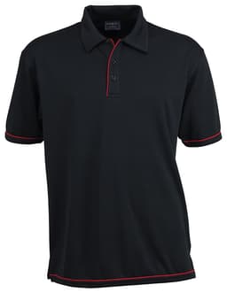 A black polo shirt with red piping, featuring a collar and three-button placket, has a logo on the chest.