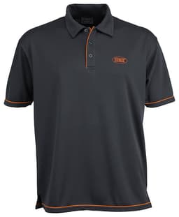 A dark grey polo shirt featuring orange piping and a small logo on the chest.