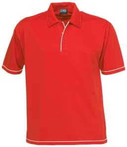 A red polo shirt featuring white trim and a collar. It has short sleeves and a logo on the inside collar.