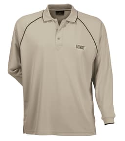 A long-sleeve beige polo shirt with a contrasting trim and a logo on the chest.