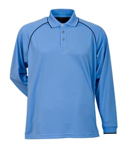 A light blue long-sleeved polo shirt with a collar and button placket, featuring contrasting trim and a logo.