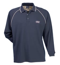A navy long-sleeve polo shirt with a contrasting collar and a logo on the chest.