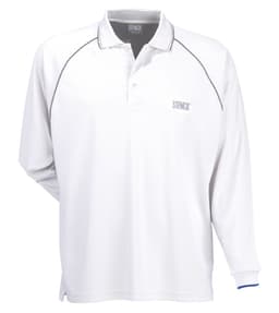 A white long-sleeve polo shirt with a branded logo and contrasting stitching details.