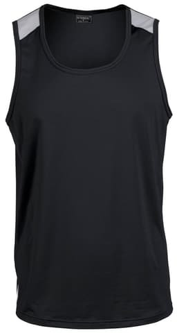 A black men's singlet featuring grey panel accents on the shoulders and a logo.