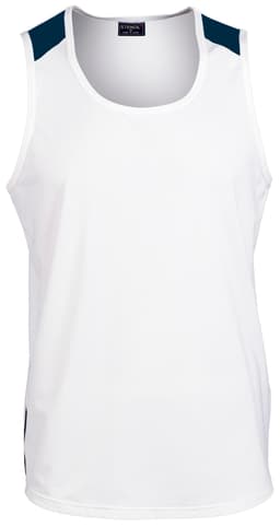 A white men's singlet with navy blue accents on the shoulders, featuring a logo.
