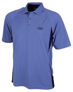 A men's polo shirt in light blue with black side panels and a small logo.