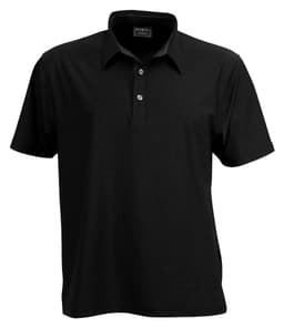 A black polo shirt with a collared neckline and three buttons, featuring a front pocket and a logo.