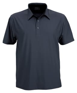 A dark grey men's polo shirt featuring a classic collar and three-button placket, with a logo on the chest.