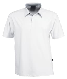 A white polo shirt featuring a classic collar and a brand label on the side.